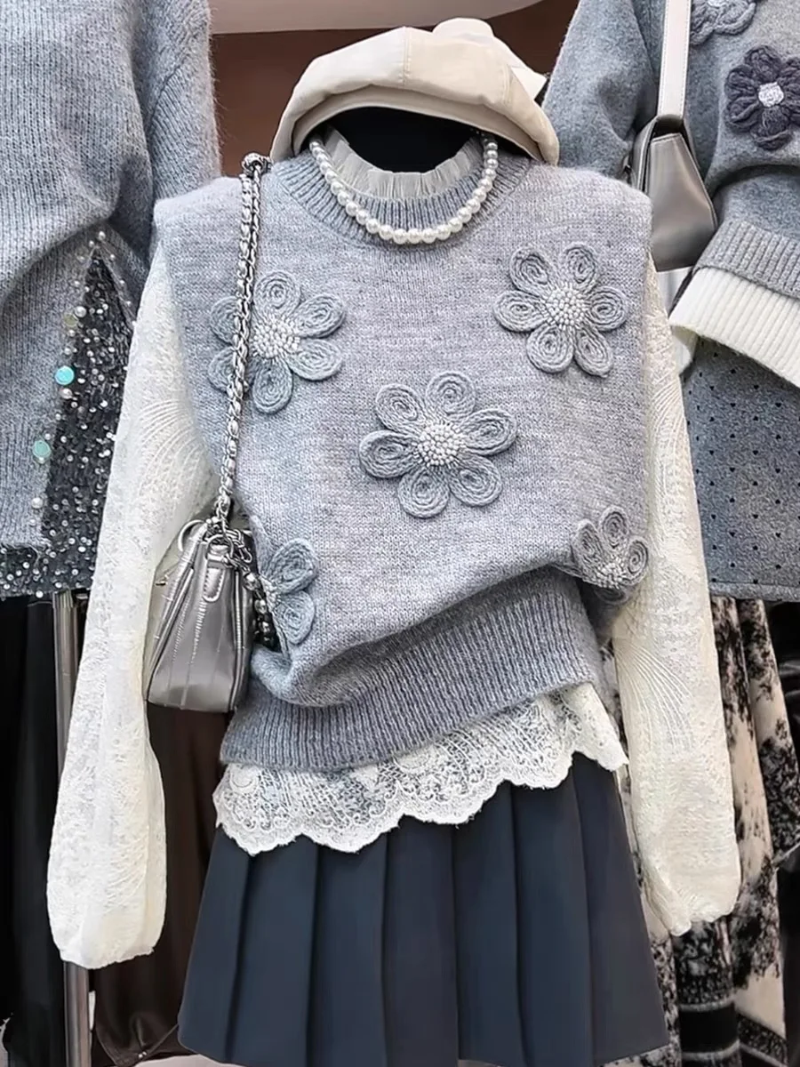 Ele pull à fleurs gilet dentelle irt femmes Faion ensemble 2025 nouveau Sle trajet Sle coupe ample fibre de Polyester Svel