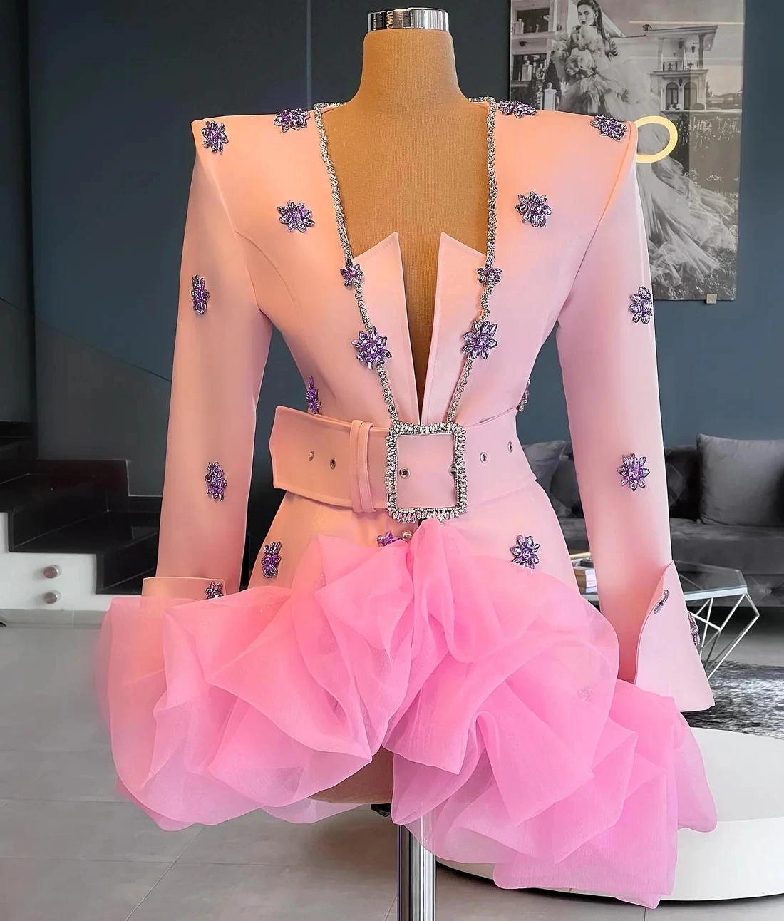 Pink Cocktail Dresses A-line Long Sleeves Short Mini Beaded Homecoming Dresses Haute Couture Customized