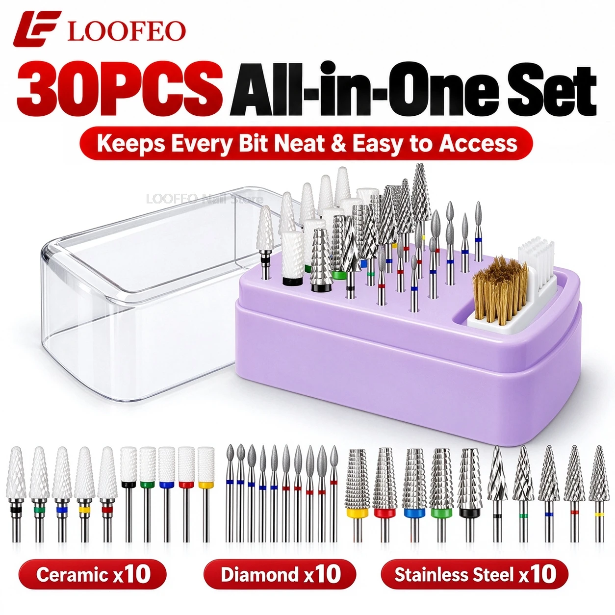 30PCS Nail Drill Bits Set with Storage Case Ceramic Diamond Stainless Steel Nail File Accessories Milling Cutter for Manicure 