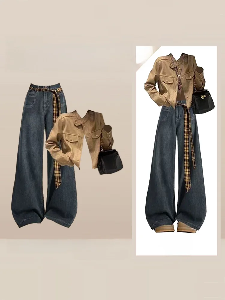 

Зимний модный комплект в стиле ретро, женский ор-джат с поясом Meral и джинсовыми брюками, костюм из двух предметов, прямые джинсы с высокой талией