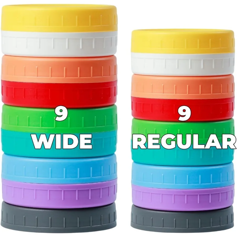 

18 Pack 9 Wide Mouth and 9 Regular Mouth Mason Jar Lids with Silicone RingsThickened Leak-proof Lids Fit Ball Kerr and More 18