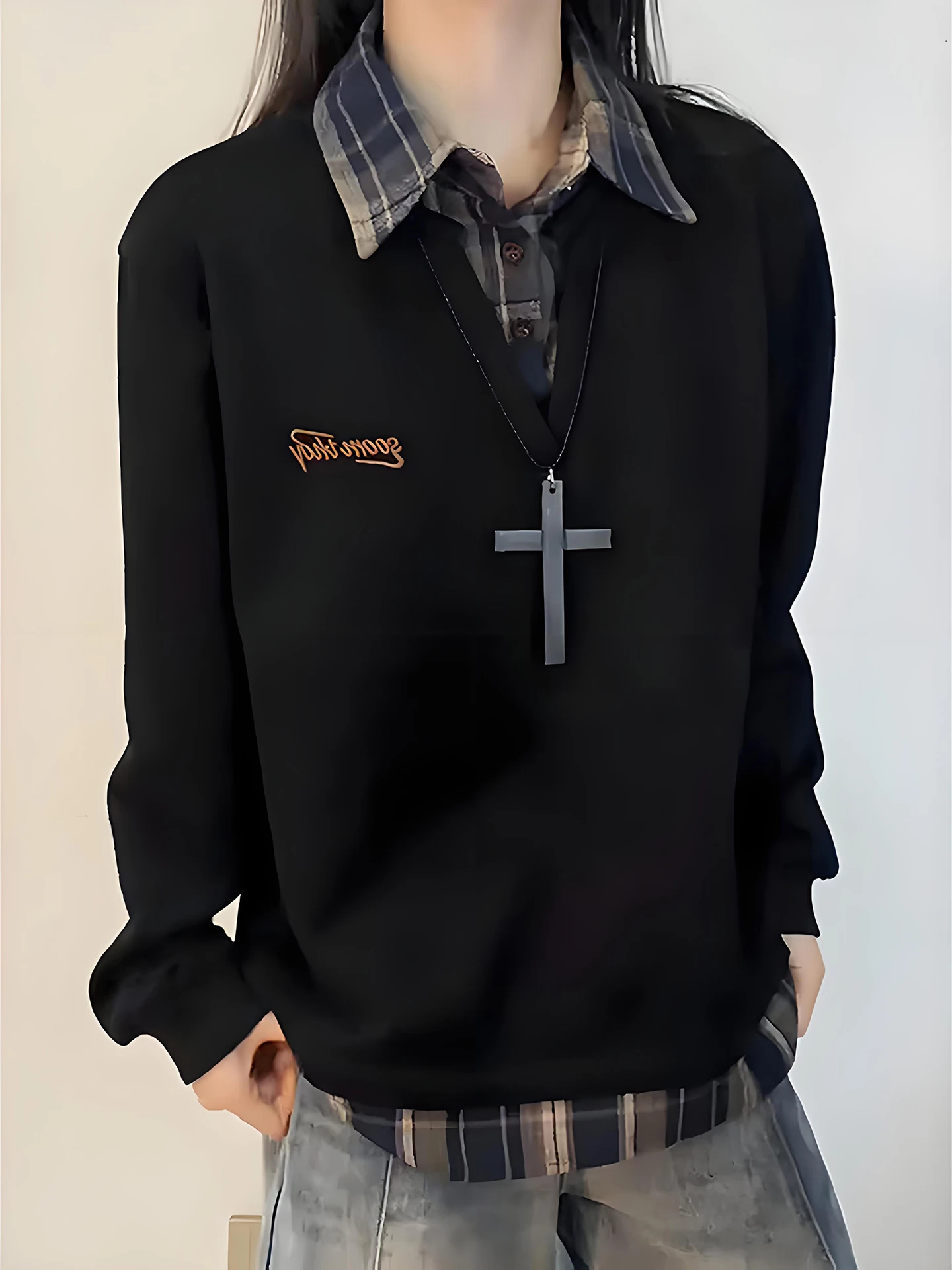 

Мужская зимняя рубашка-свитшот в американском стиле с клетчатым воротником, длинным рукавом, для колледжа, для ношения под одеждой, парная модель