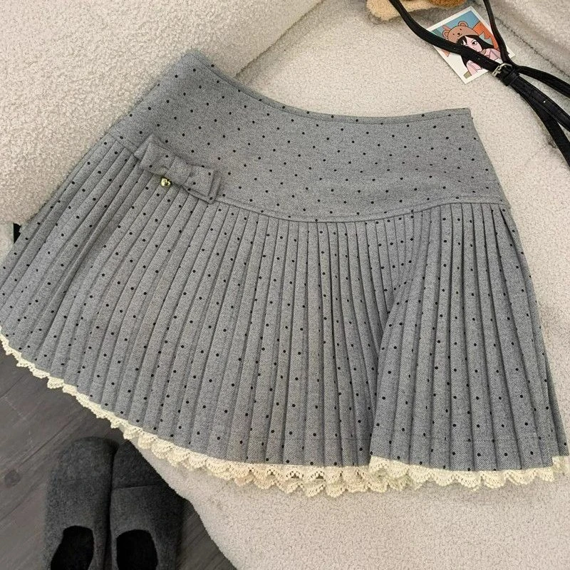 Japanse Kawaii Polka Dot Mini Rok Vrouwen Leuke Boog Kant Patchwork Geplooide Rokken Harajuku Mode Een Lijn Koreaanse Populaire Kleding