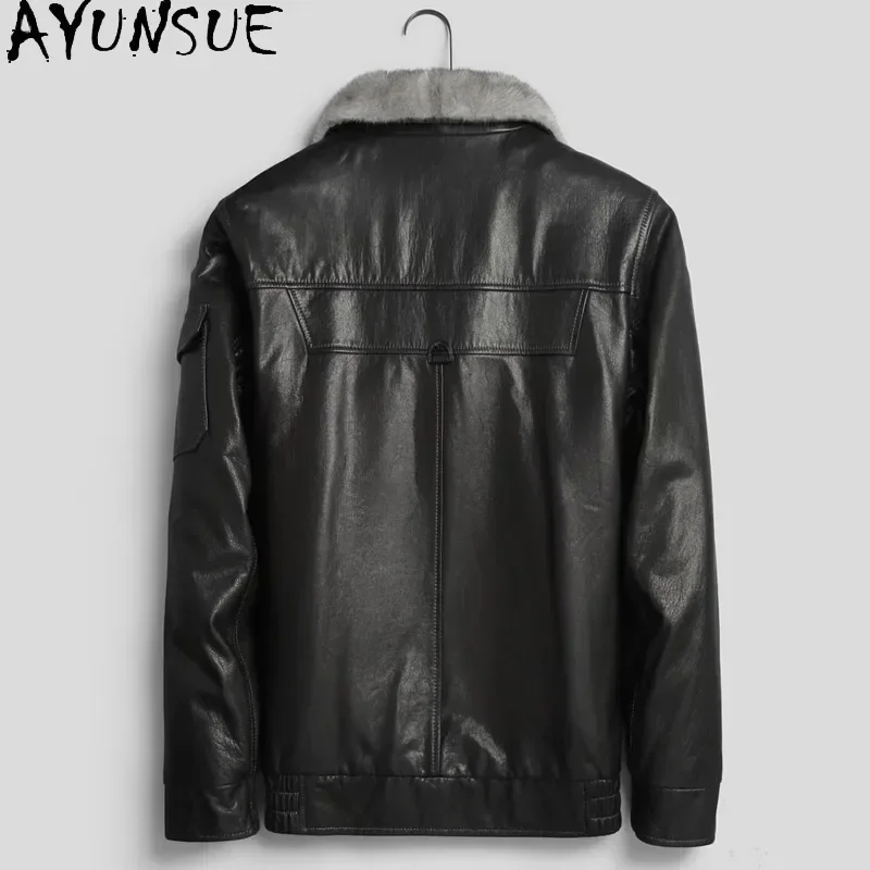 AYUNSUE ミンクの毛皮のジャケット男性純粋な牛革本革ジャケット本革天然毛皮コート男厚い冬コート Jaqueta