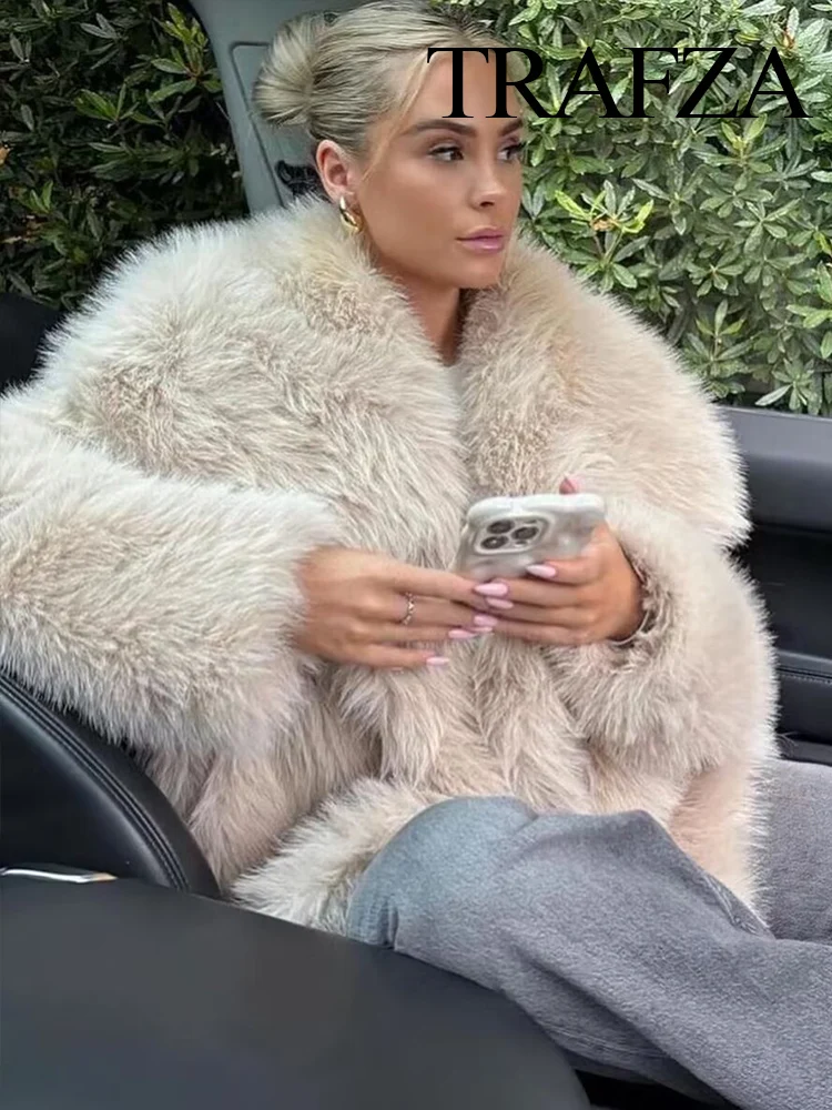 TRAFZA Women Winter Fashion Lapel Solid Pockets Long Sleeves Fur Coats Female Vintage High Street Causal Warm Fur Jacket Mujer - Image 4