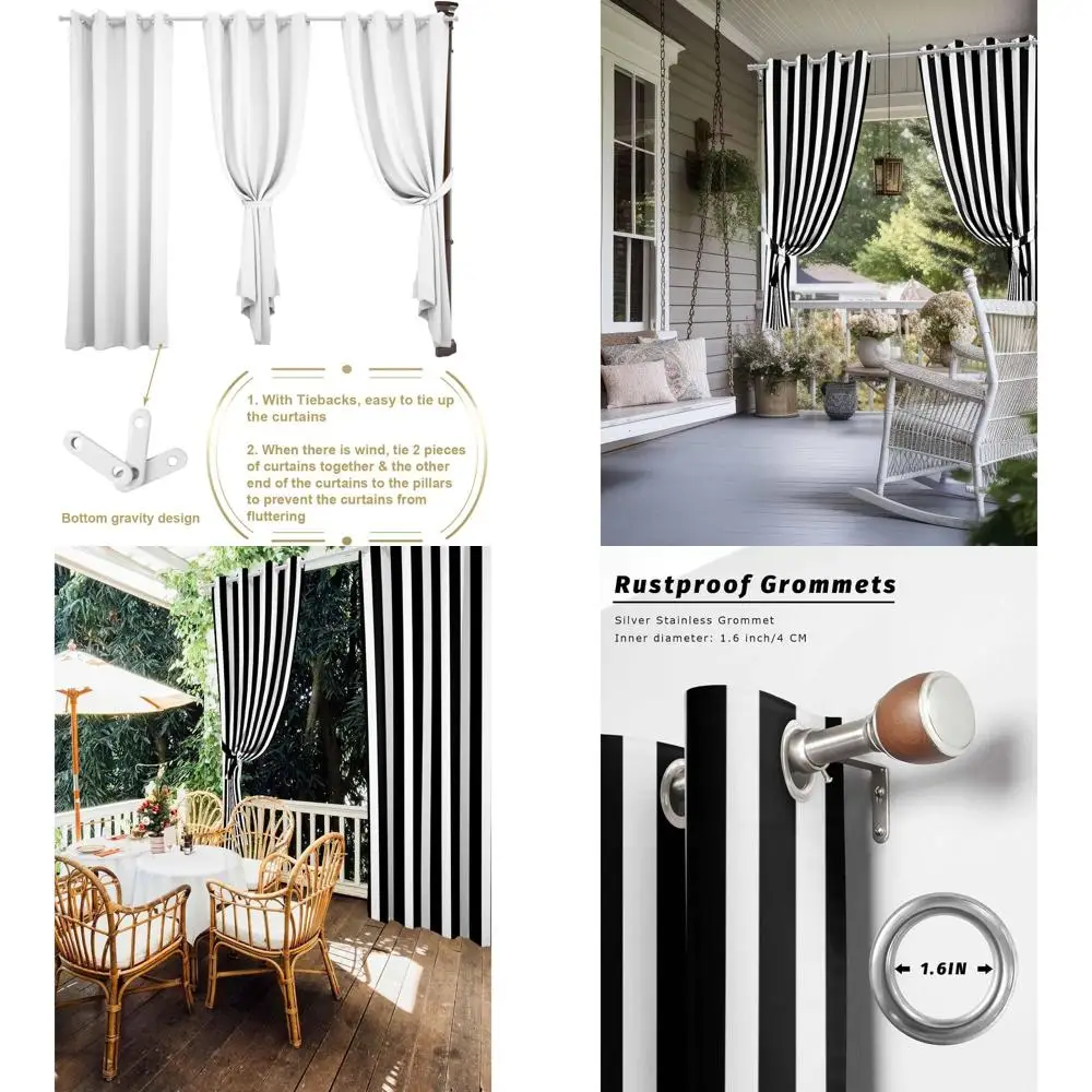 

Waterproof Striped Patio Curtains, Black & White, Sun-Blocking Privacy, 2-Panel, 54W x 95L