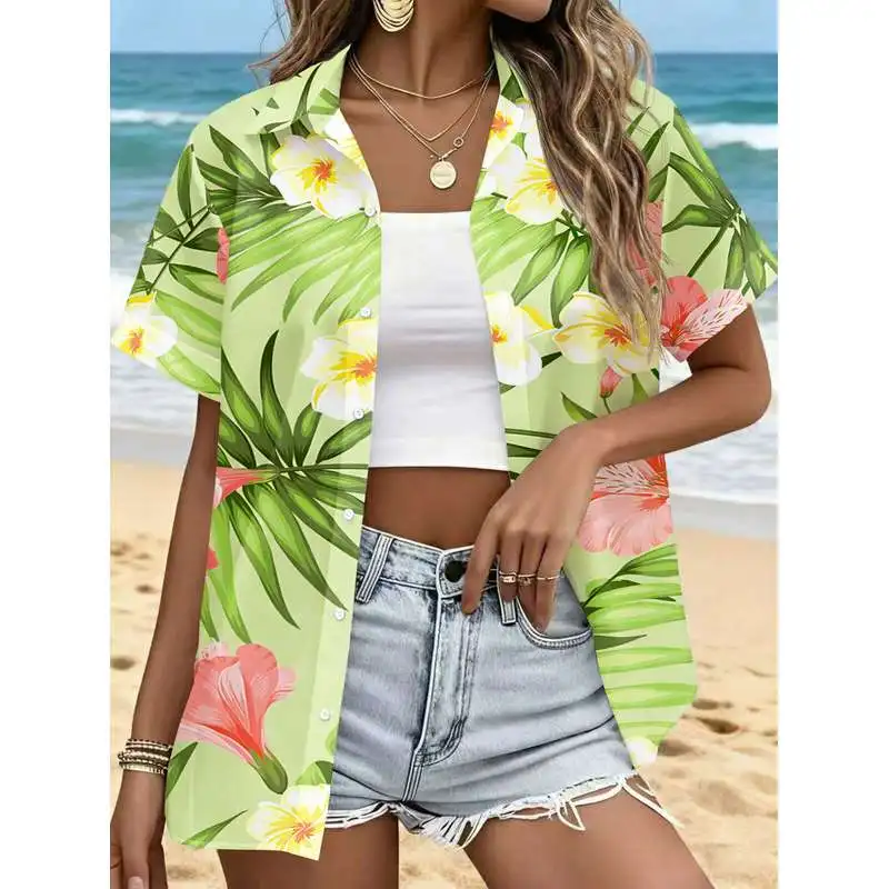 Women's Casual Short Sleeve Shirt Light Base Powder Yellow Floral Print Tropical Style Full Pattern Button-Up Top Machine Washab