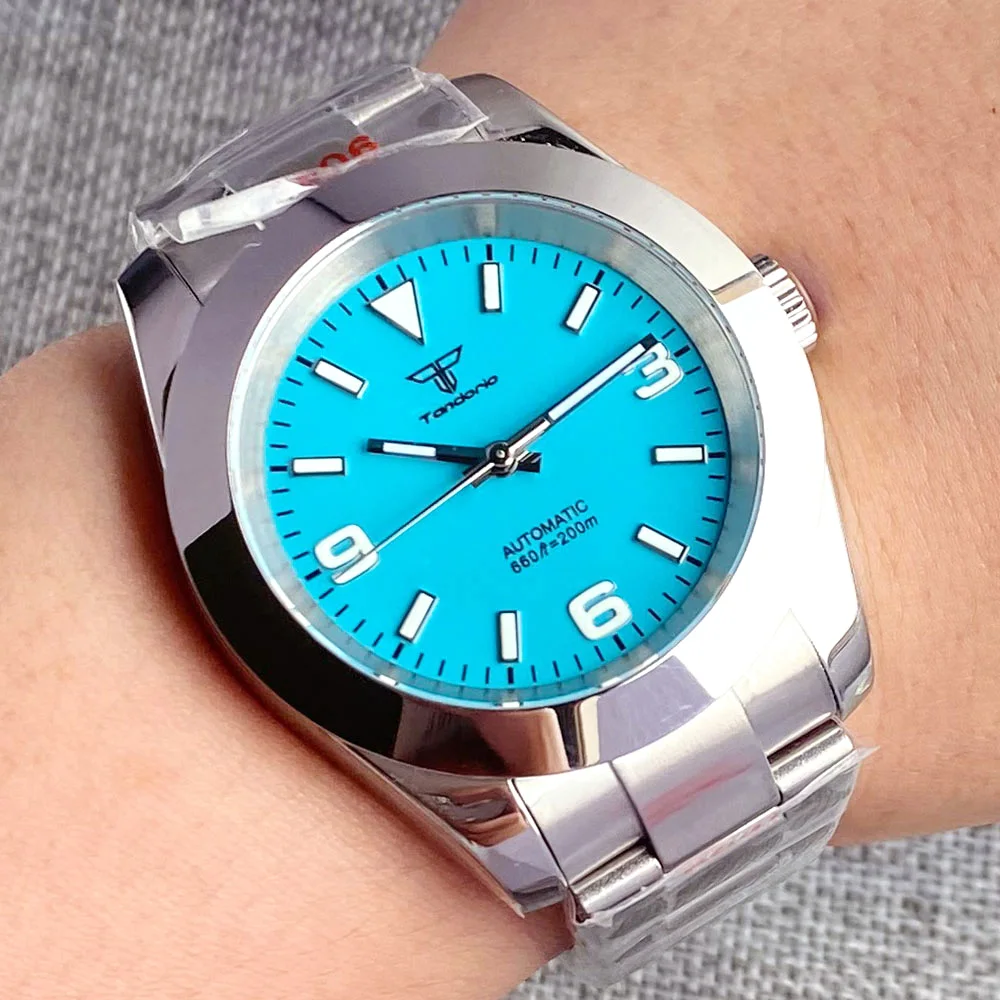 Tandorio 36mm/39mm Miyota 8215 Automatic Men Watch Blue Dial Sapphire Glass Green Luminous Polished Stainless Steel Fixed Bezel