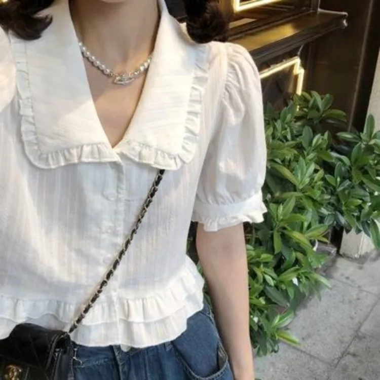 Fashion Cute Peter Pan Collar Shirts Women 2024 Summer New Loose White Blouses Y2k Grunge Puff Sleeve Ruffles Blusas Mujer