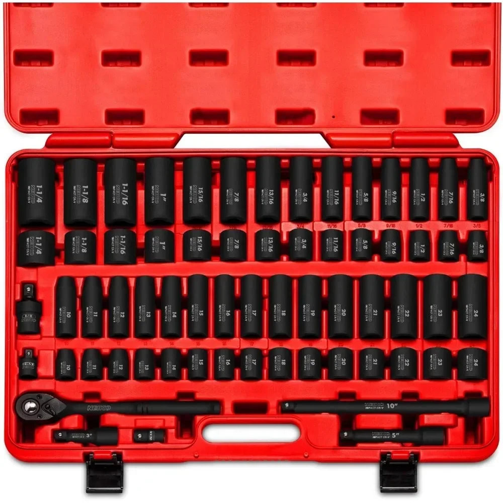 

NEIKO 02448A 1/2" Drive Master Impact Socket Set, 65 Piece, Standard SAE (3/8"-1-1/4") & Metric (10-24 mm) Sizes, Deep & Shallow