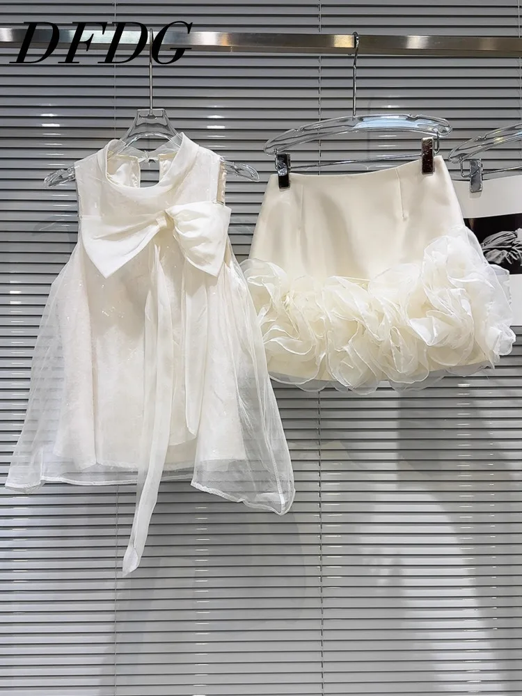 

DFDG 2025 Spring Autumn Women’s Sweet Bow Tulle Doll-style Vest Top Floral Ruffle Mini Skirt Set Elegant Two Piece Outfit Set