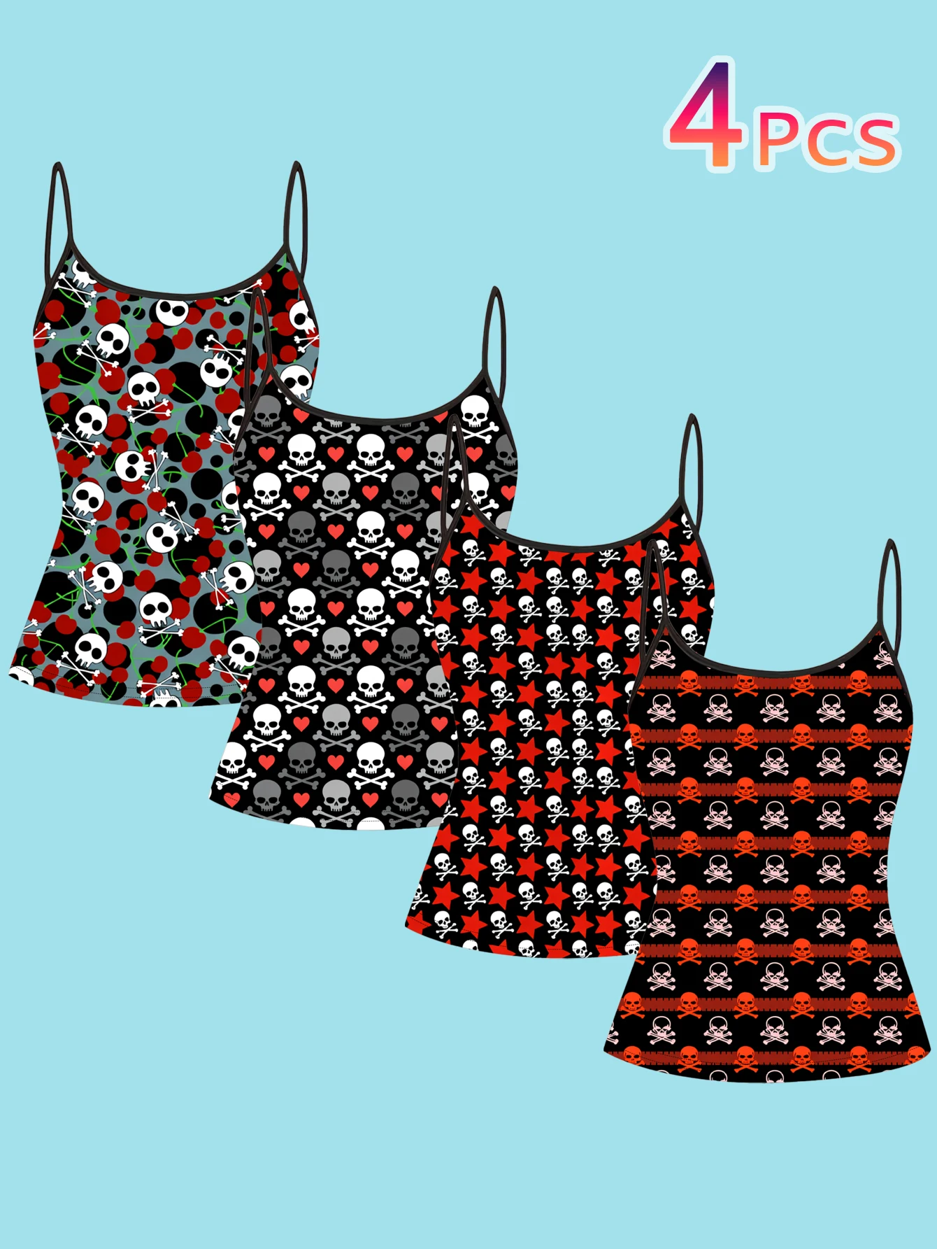 4-Piece Set of Red and Black Contrasting Color Skull Camisole Tops for Women, Y2K Style with Rose Heart, Star, and Stripe Designs, Slim Fit Spaghetti Strap Tops