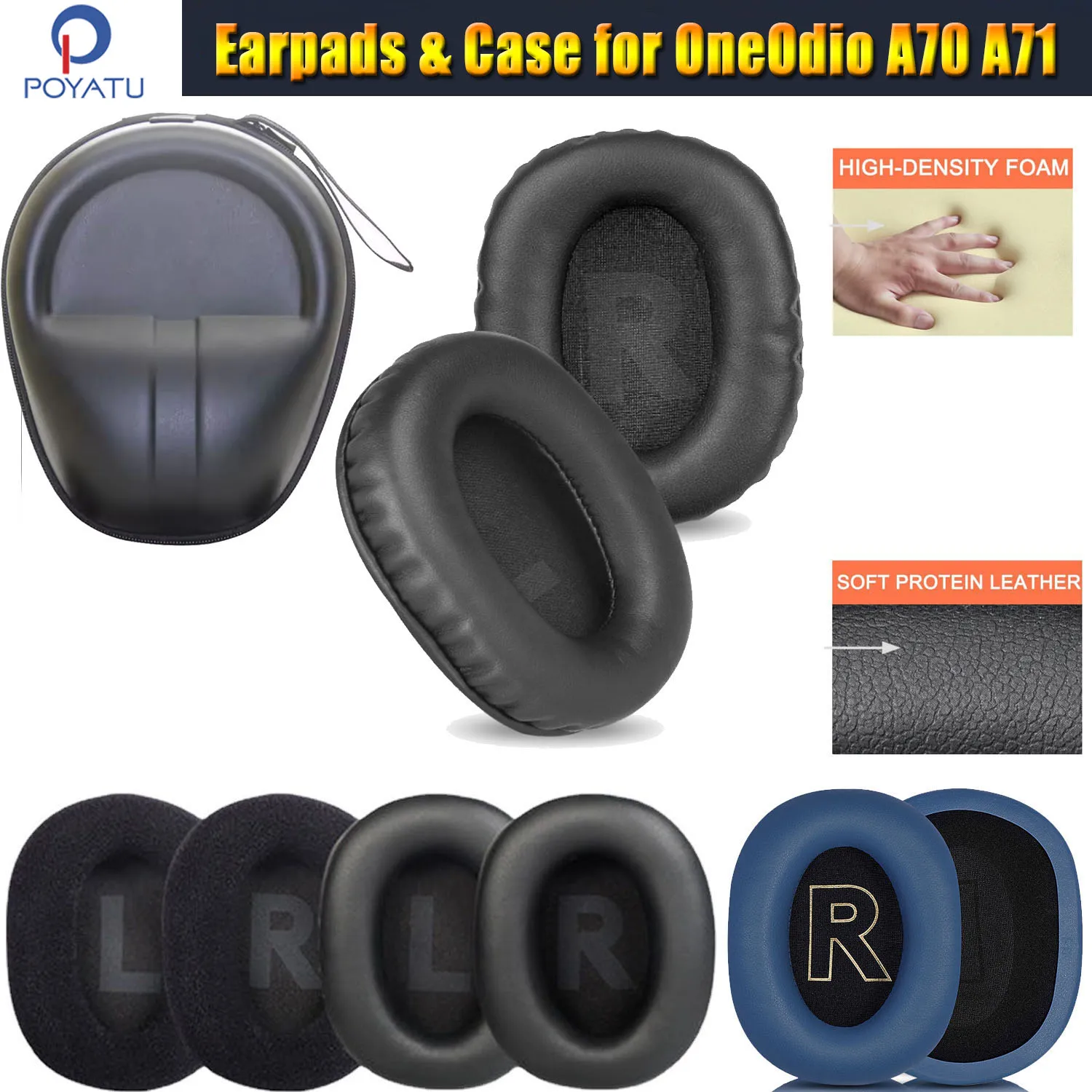 Almohadillas Poyatu DIY A70 para auriculares OneOdio A70 A71, almohadillas para los oídos de espuma viscoelástica, cojines, piezas de reparación de orejeras y funda para auriculares