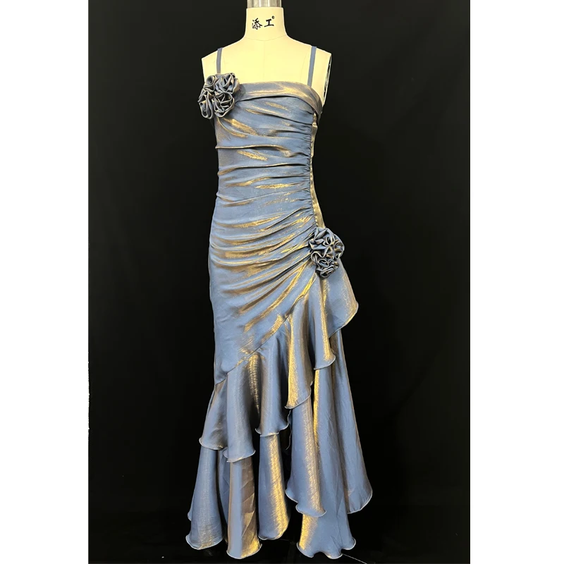 14718#IENA Elegant Spaghetti Strap Vintage Pleated Satin Prom Party Gown Evening Dresses Cocktail Graduation Homecoming Dresses