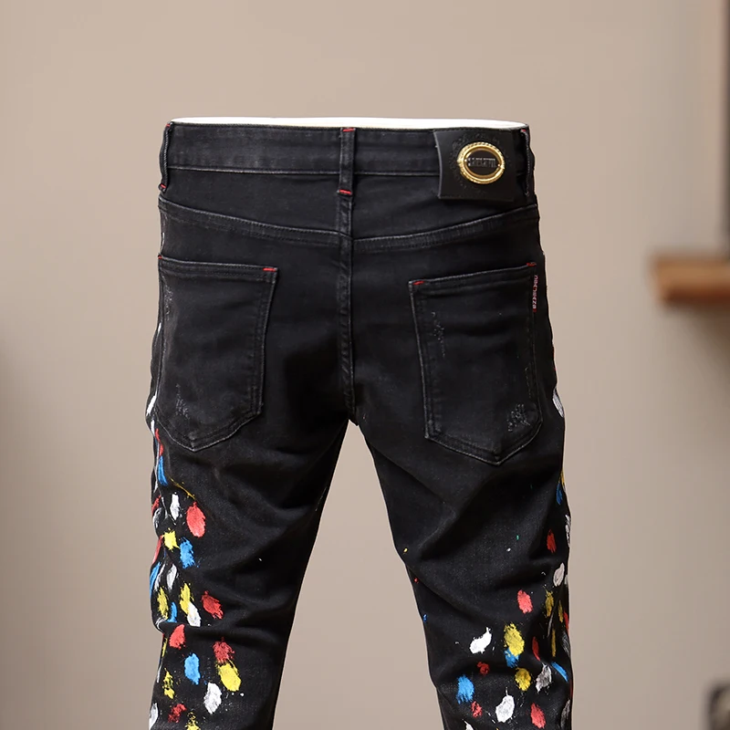 Calça jeans apertada preta masculina, design de patches, bonito moda de rua alta, calça casual de motocicleta, novo, 2022