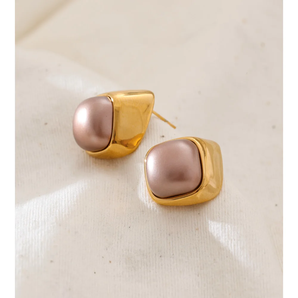 Yhpup French Purple Simulated Pearls Square Stud Earrings Stainless Steel Gentle Sweet Fashion Aesthetic Jewelry Gift for Women