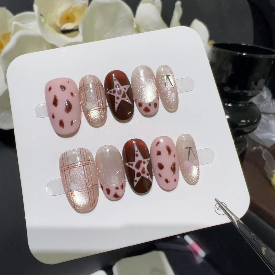 

10 шт. розовых накладных ногтей с леопардовым принтом, с эффектом кошачьего глаза, ручной работы, полное покрытие, короткие круглые, накладные ногти для носки