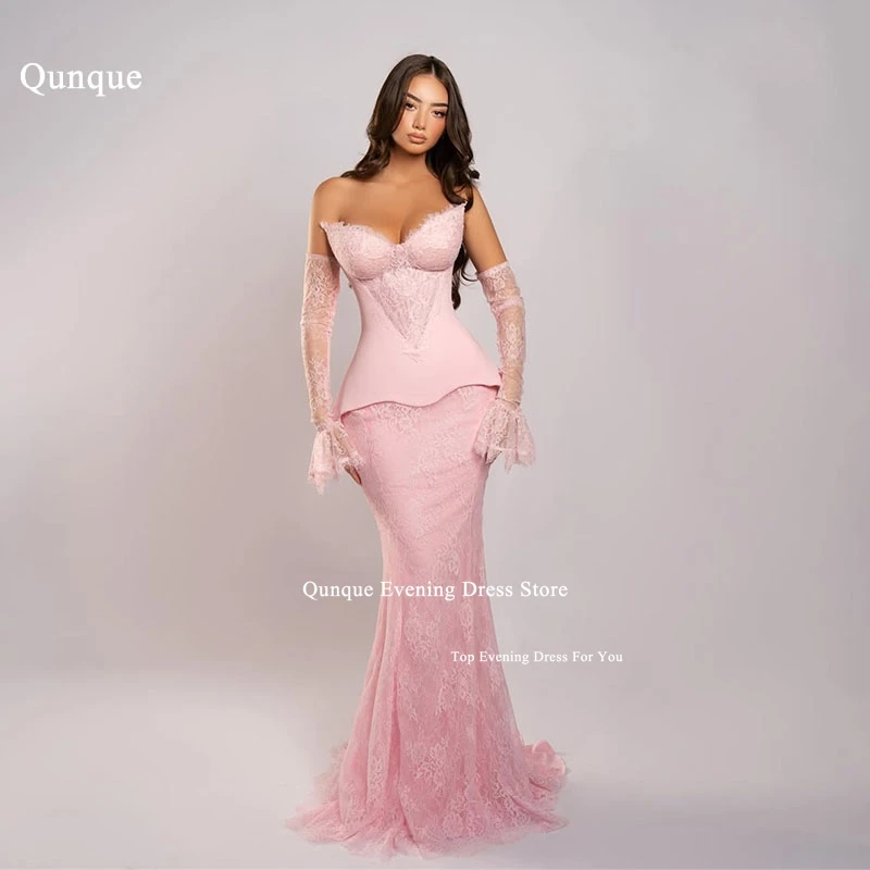 

Qunque Vintage Sweetheart Mermaid Lace Prom Dresses Detachable 3/4 Sleeves Event Gown Formal Occasion Evening Gowns Customized