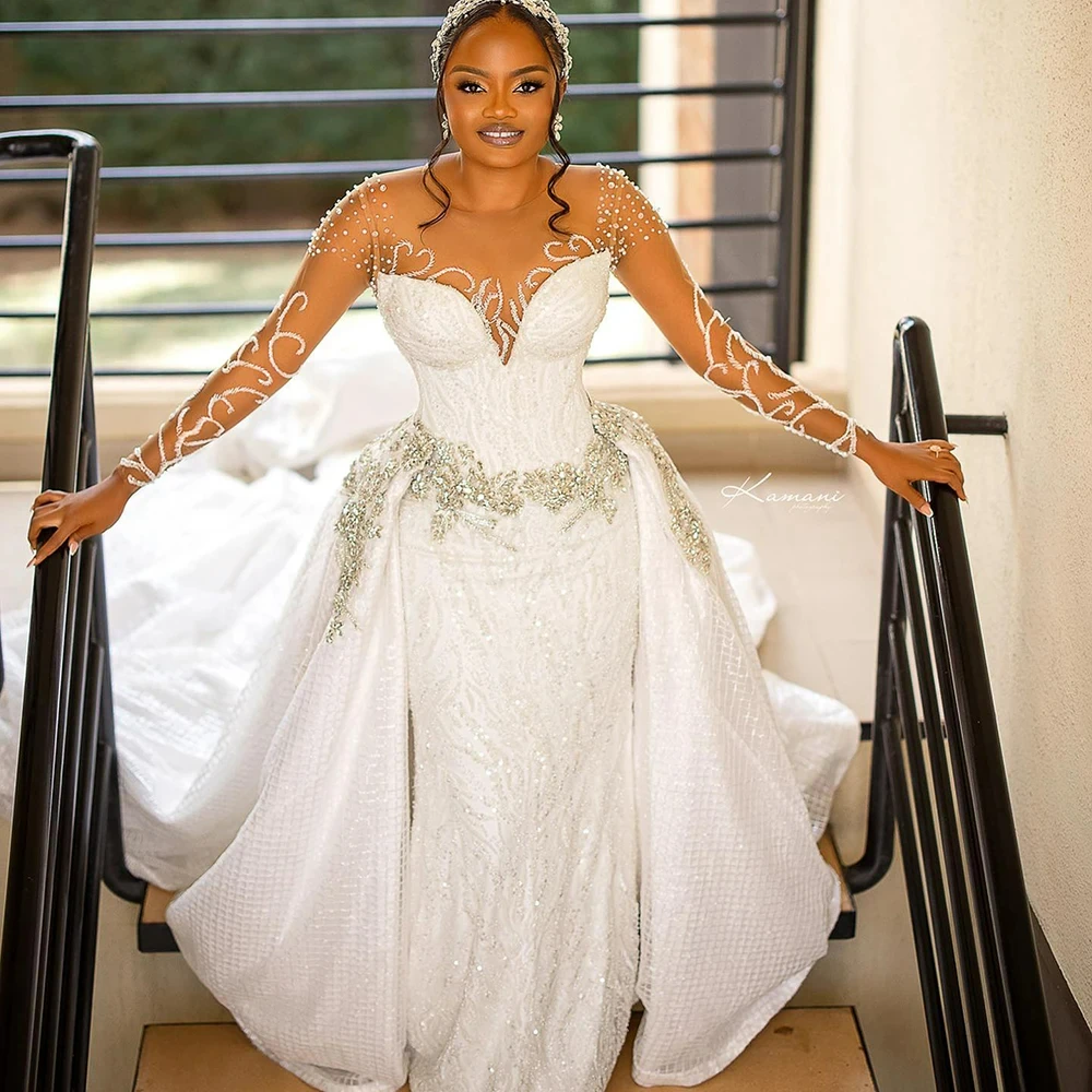 Customized Scoop Neck Shinny Beads Crystals  Wedding Dress Vestido De Noiva Sereia Long Sleeves Bridal Gown with Removable Skirt