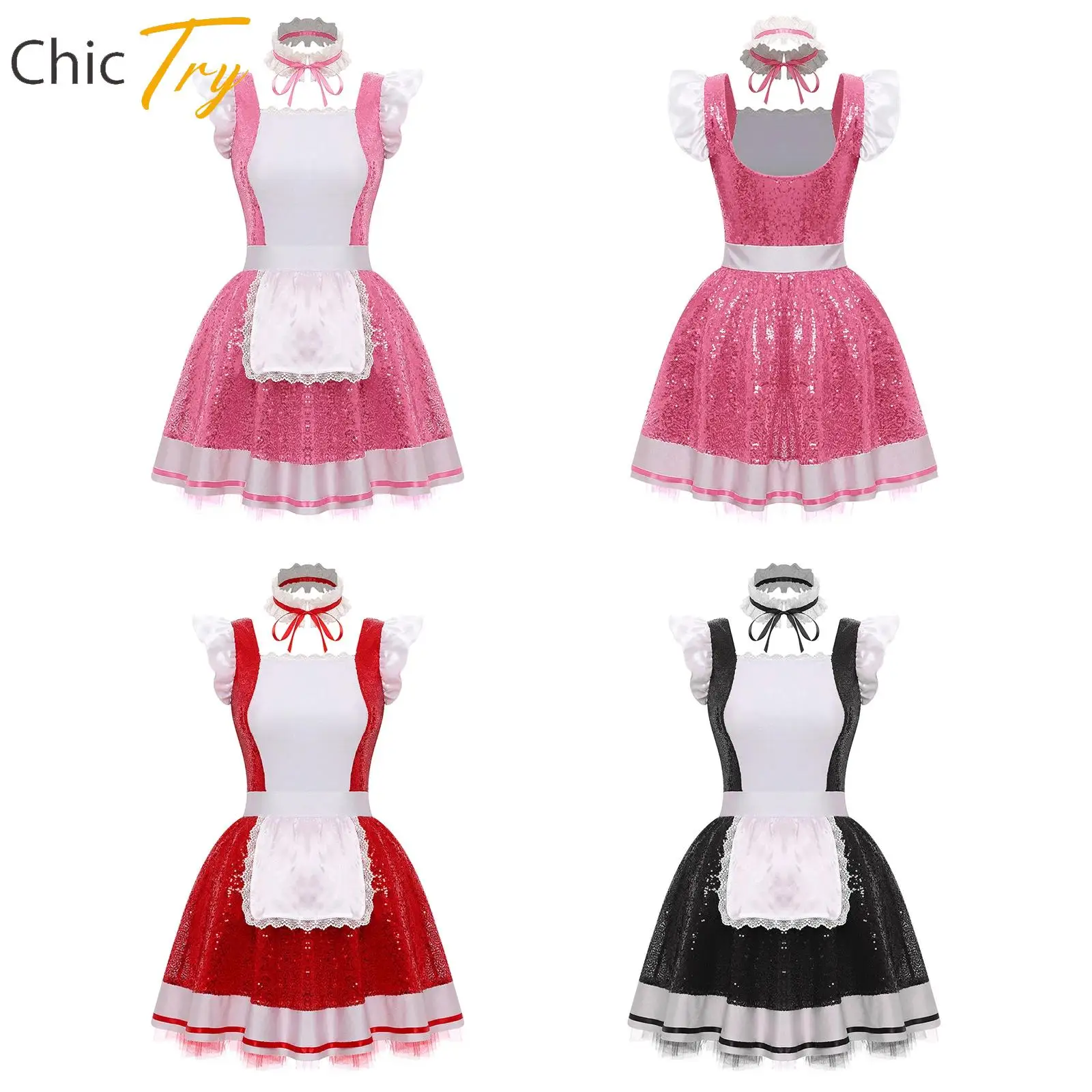 

Women Gothic Lolita Maid Cosplay Costumes Fly Sleeve Lace Trim Apron Sequin Tulle Underskirt Dress+Choker for Halloween Party