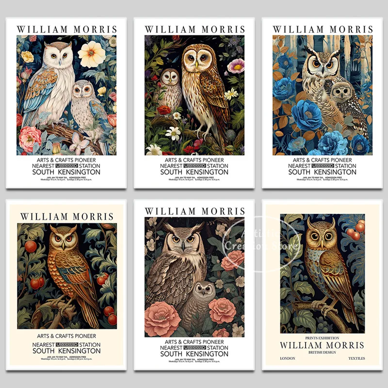 William Morris White Owl and Owlet Print Exhibition Poster Canvas Painting for Living Room Flowers Wall Art Home Decor Gifts