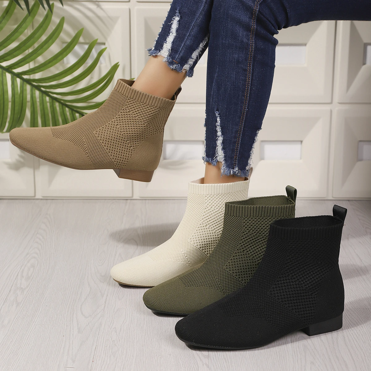 

Женские ботинки Сапоги до середины икры без шнуровки с острым носком Весенне-осенние вязаные носки Сапоги Женские туфли на высоком каблуке Большие размеры Модная женская обувь