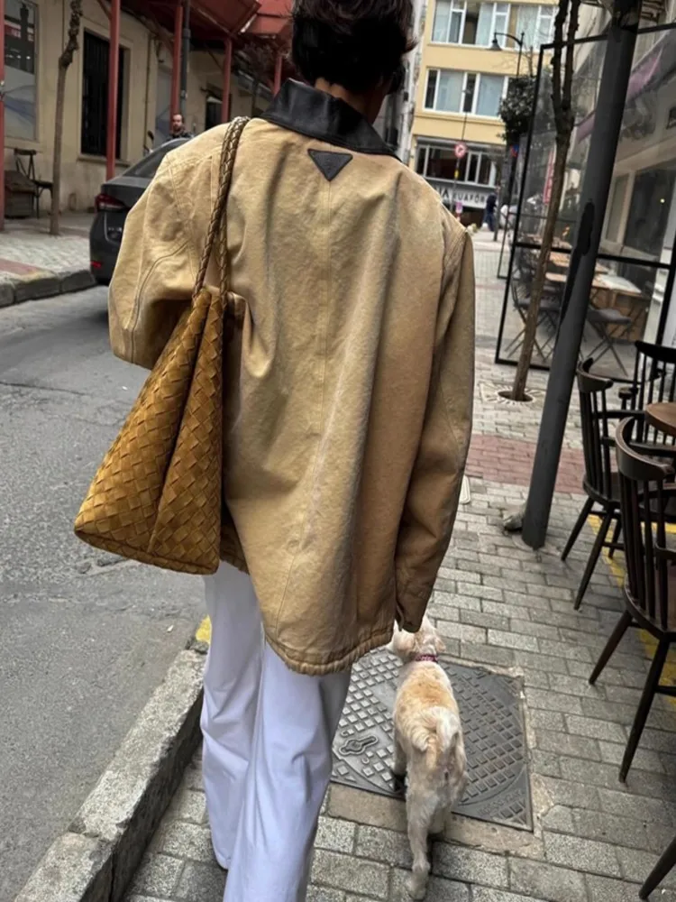 جديد ملابس العمل نمط جلد البقر تقسم الدنيم الرجعية المرأة سترة متعددة جيب معطف الخريف الشتاء شيك السيدات فضفاضة تناسب ملابس خارجية