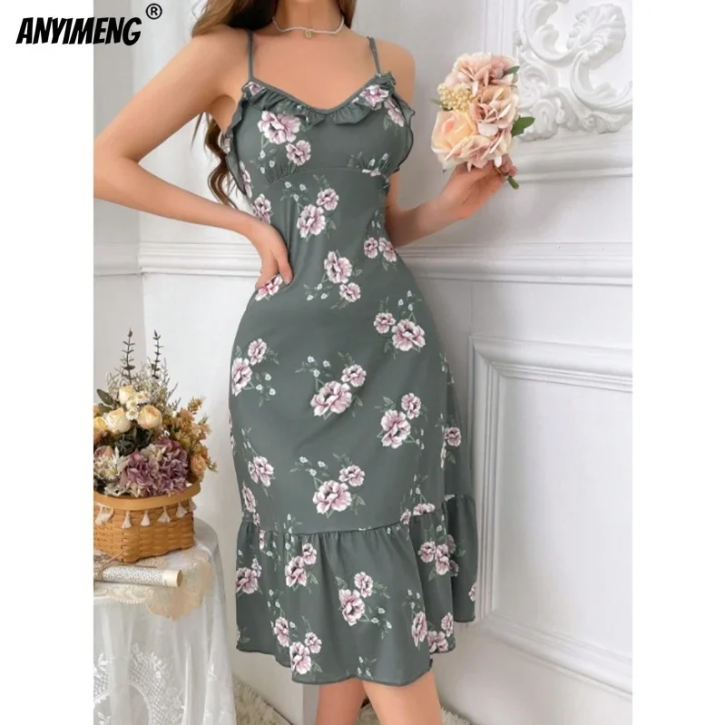 Summer Fashion Retro Nightdress Ruffle Dress Elegant Floral Homedress Chic Slim Gowns Lady Lingerie Gorgeous Women Nightgowns