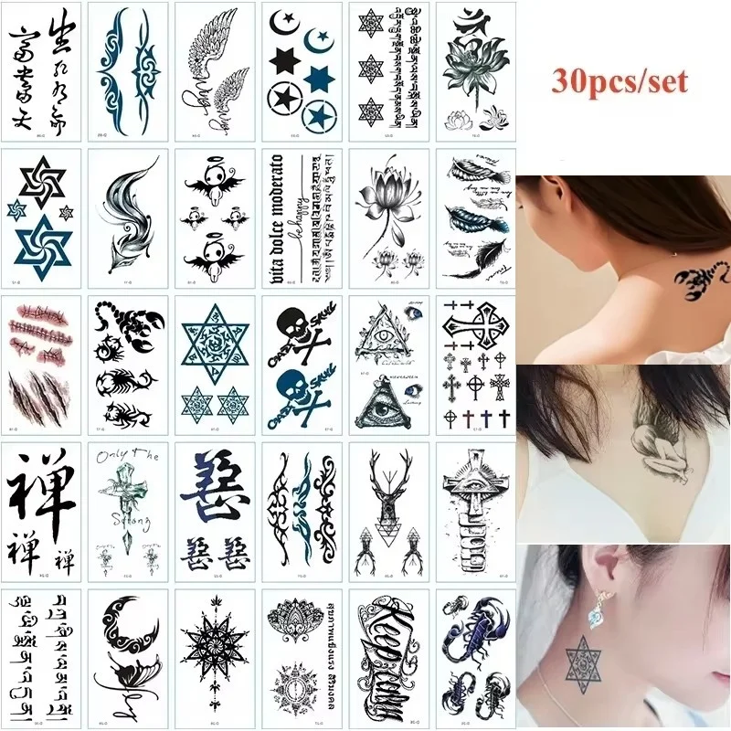 30pcs/lot Men Removable Temporary Tattoo Sticker for Hand Wrist Leg Totem Scorpion Eye Lotus Scar Small Fake Transfer Tattoos