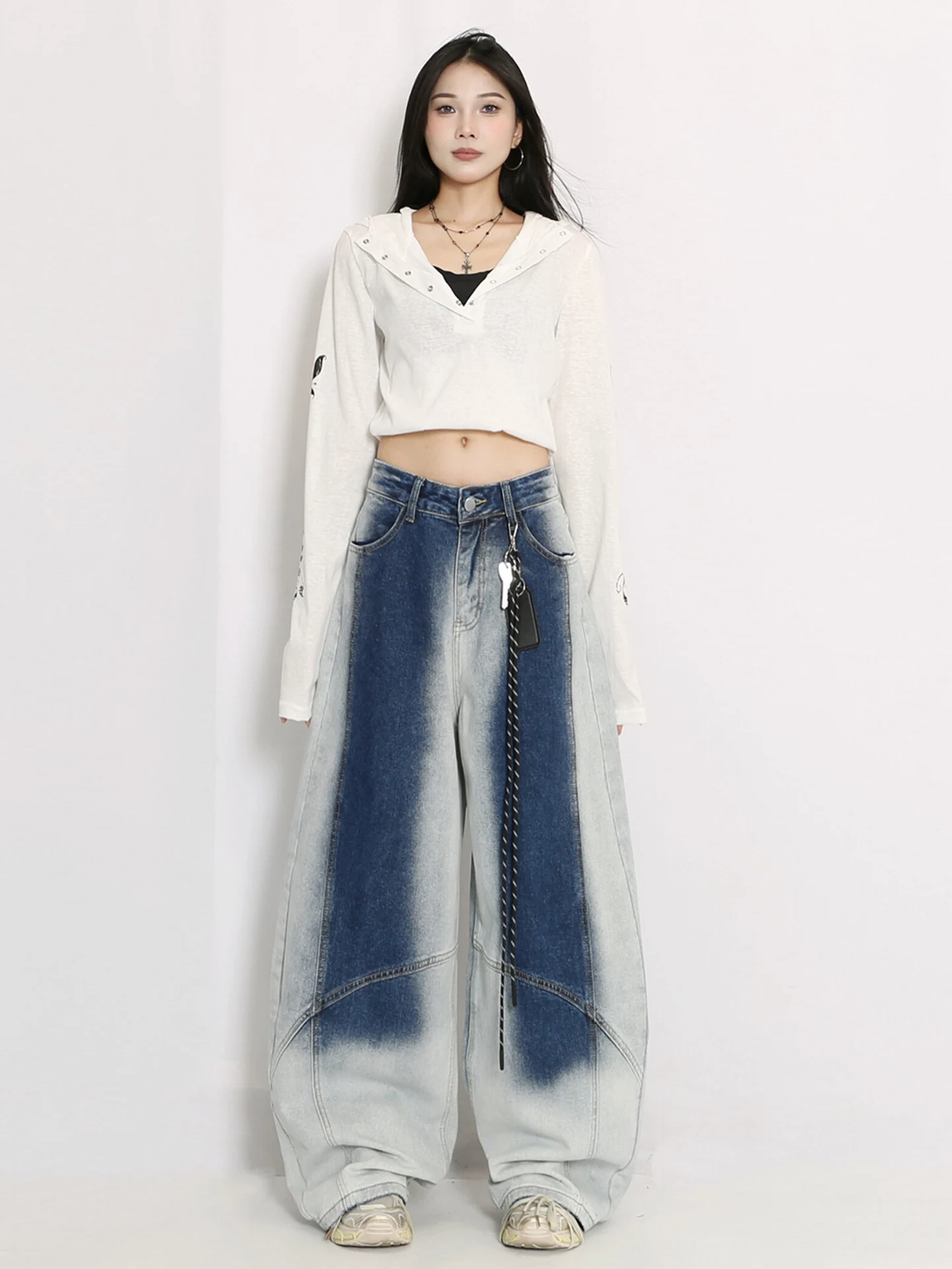 

Retro American Lazy Wa adient Blue Jeans Women Loose Slim Wide Leg Casual Pants High Waist Denim Fabric Autumn Wear