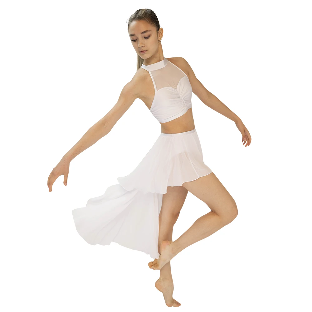 Witte Lange Mesh Mouwen Top Chiffon Lange Rokken Lyrical Dance Jurk Prestaties Kostuum