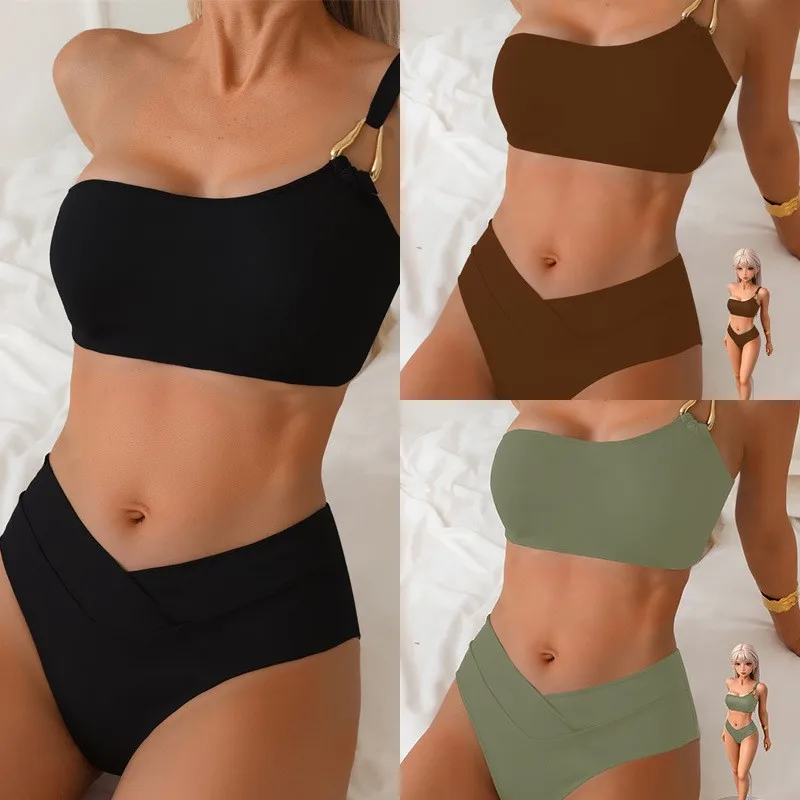 

Top Women One Shoulder Bikini Top with Metal Ring Strap, High Waist Bottom, Olive Green Solid Color Two Piece Swimsuit Set