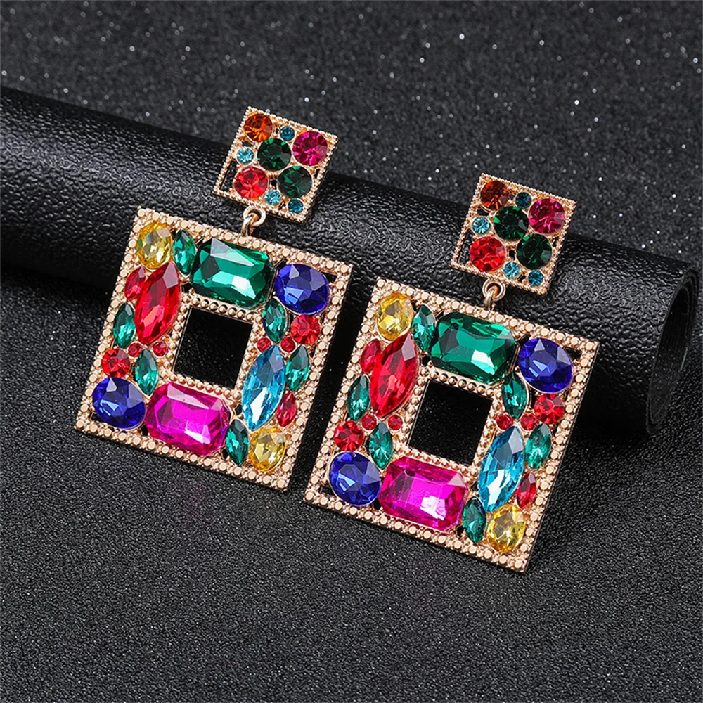 Luxury Colorful Crystal Gem Square Dangle Design Earring Exaggerated Woman\'s Jewelry Vintage Bridal Valentine\'s Earrings Gift