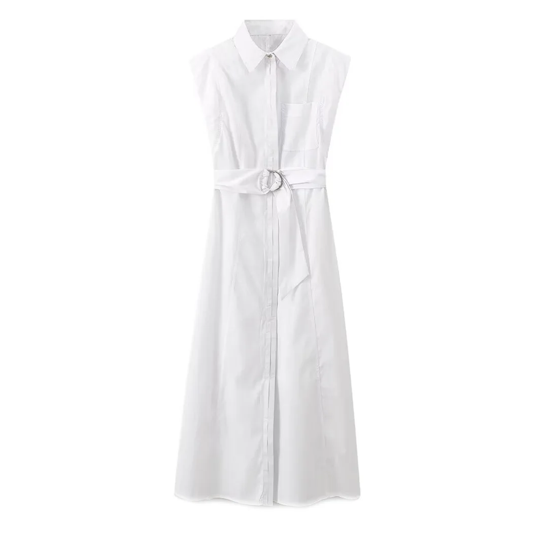 

Women With Belt Lapel Collar Midi White Dress Summer Female Sexy Sleeveless High Street Dresses 2024 New