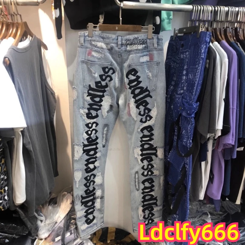 Trendy Brand High Street European American English Embroidery Torn Hole Vintage Jeans Straight Pants Men's Knife Cut Trousers