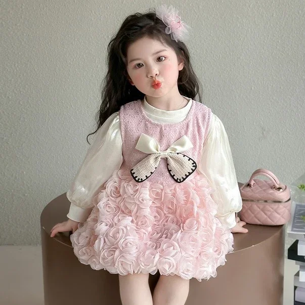 

Костюм для девочек 2025: Новинка весенне-осенней коллекции, детская одежда, модный комплект из двух предметов для девочек, топ с рукавами-фонариками и платье принцессы