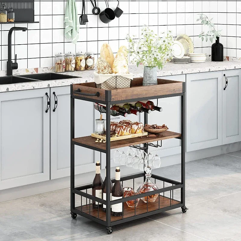 Bar Cart for Home Mobile Wood Metal Kitchen Serving Cart Storage Rolling Storage Cart with Drawers
