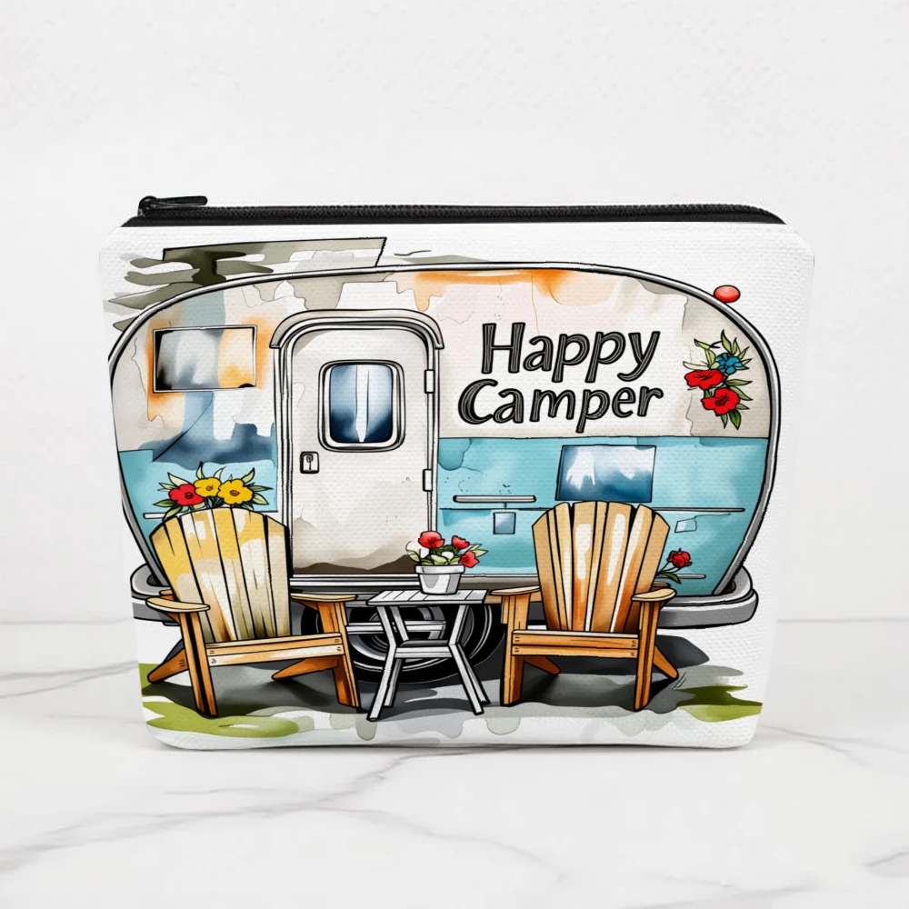 Happy Camper Trailer Scene Makeup Bags for Girls Cosmetic Pouch Toiletry Bag Pencil Case Travel Storage