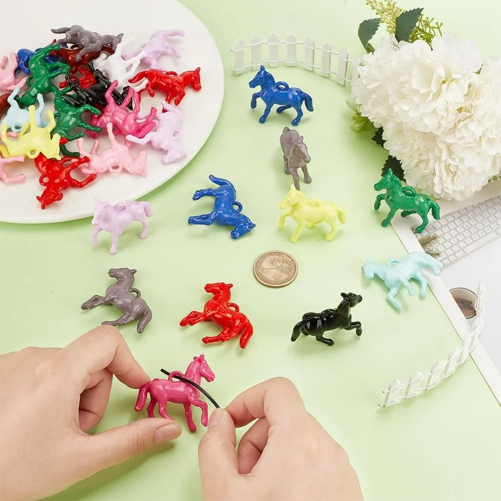 48pcs Opaque Acrylic Pendants 12 Colors Little Horse Animal Resin Charms Horsemanship Pendants Colorful Craft Beads making kit
