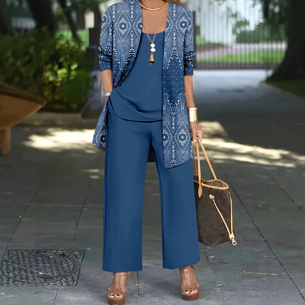 

Elegant Office Set Women's 3-piece Casual Loose Vest Long Sleeve Jacket Trousers Three -piece Fashion Print Women Outfit Autumn
