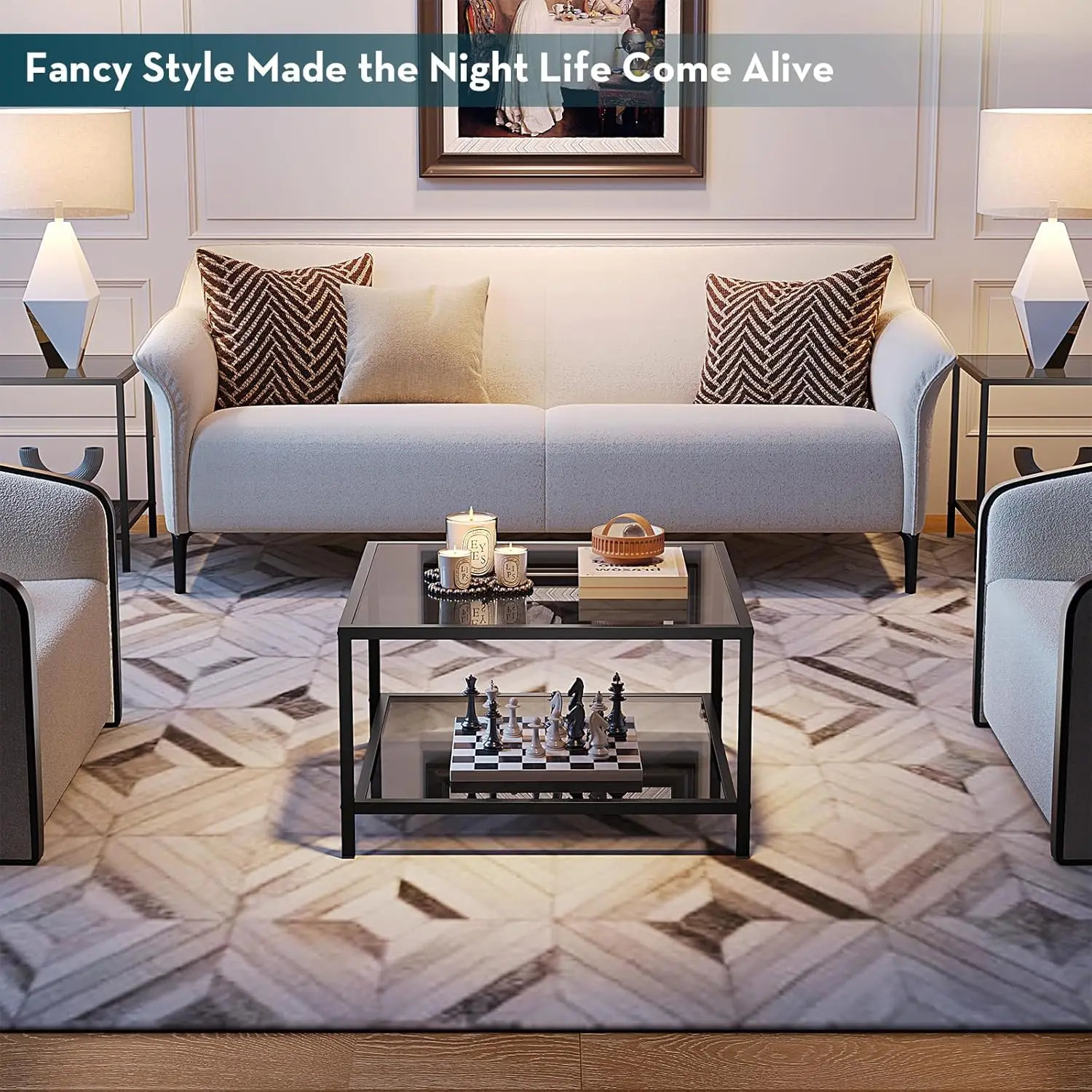 Saygoer Modern Coffee Table 2-Tier Glass Coffee Tables With Storage Simple Square Center Table For Living Room Home Office,