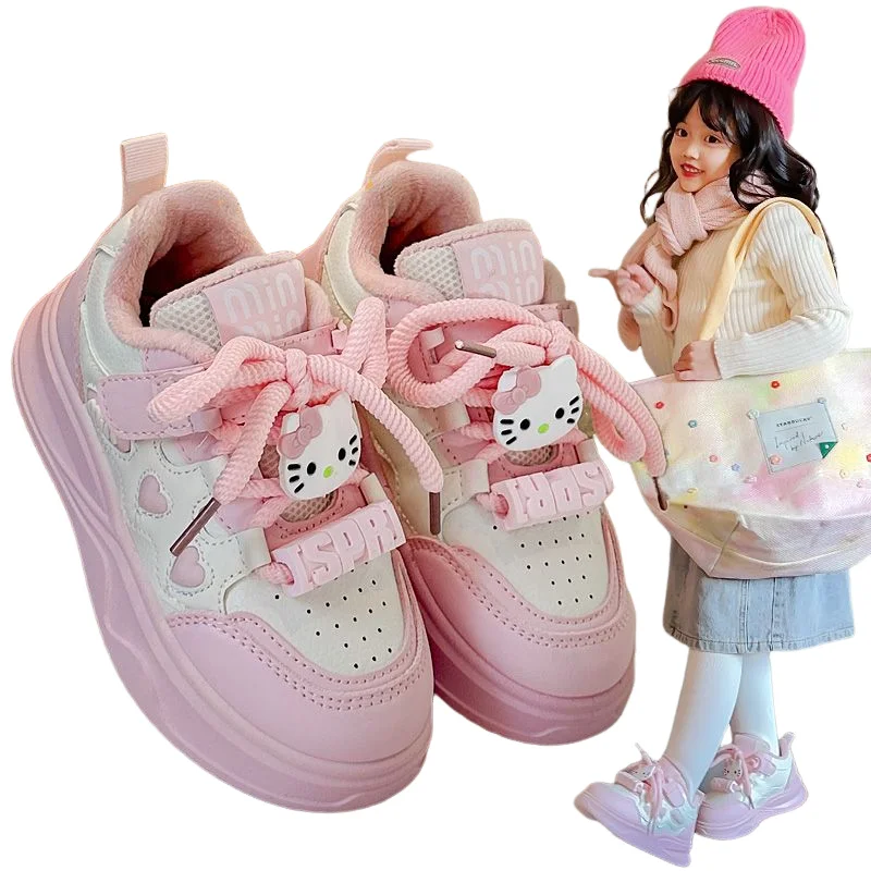 Hello Kitty Girl Sneakers Sanrio Autumn Winter Cartoon Velvet Thicken Keep Warm Child Sports Shoe Fashion Kawaii Casual Shoes