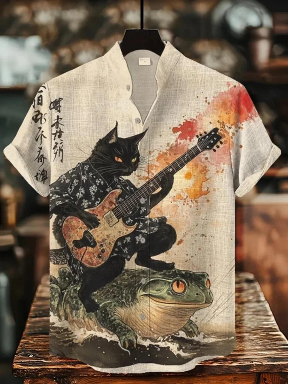 Men's Short Sleeved Stand Up Collar Shirt, Japanese Retro Art Printed Button Up Shirt, Men's Plus Size Linen Shirt XS-5XL