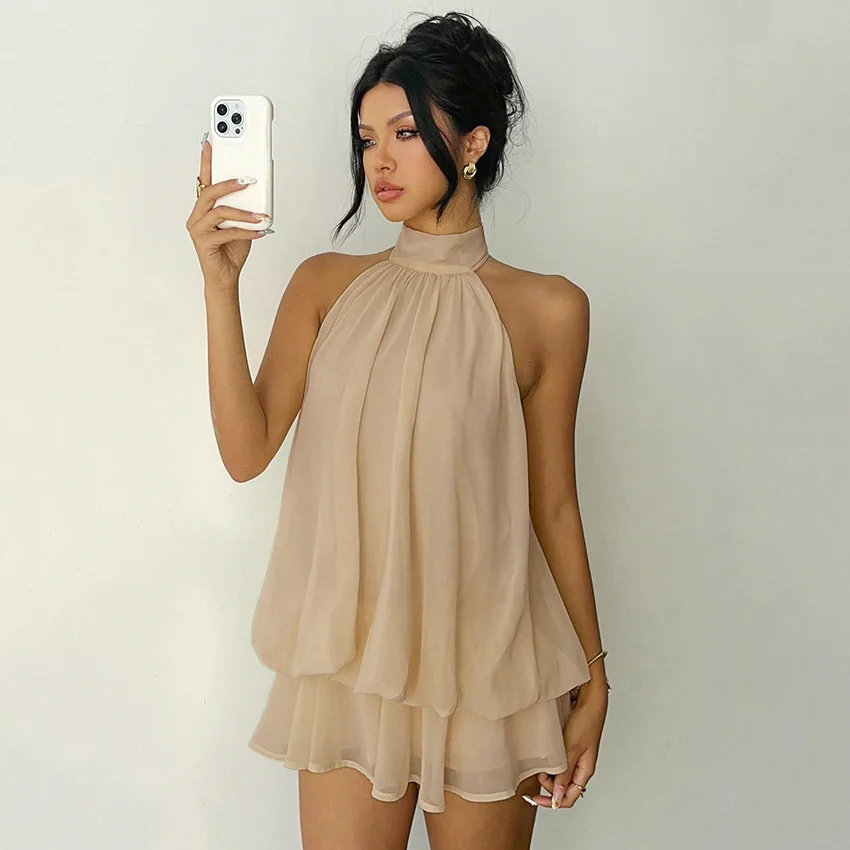 Linad أنيقة المشمش الشيفون فستان الرسن مثير عارية الذراعين الطبقات فساتين صغيرة الإناث الأصفر شير فستان الحفلات 2025 الخريف القوس #3