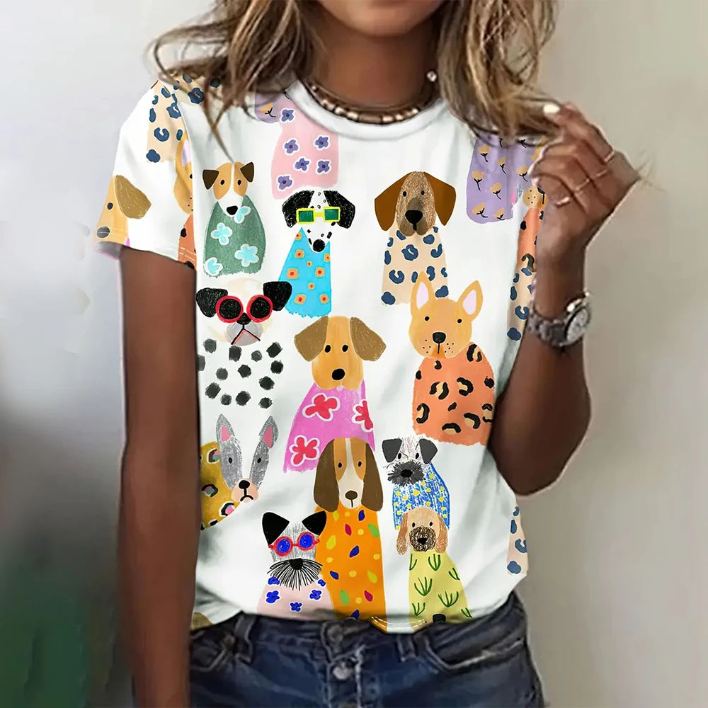 Kawaii جرو ثلاثية الأبعاد مطبوعة المرأة تي شيرت موضة الشارع الشهير طاقم الرقبة بلايز فضفاضة عادية تيز الشارع الشهير Harajuku تيز البلوفرات