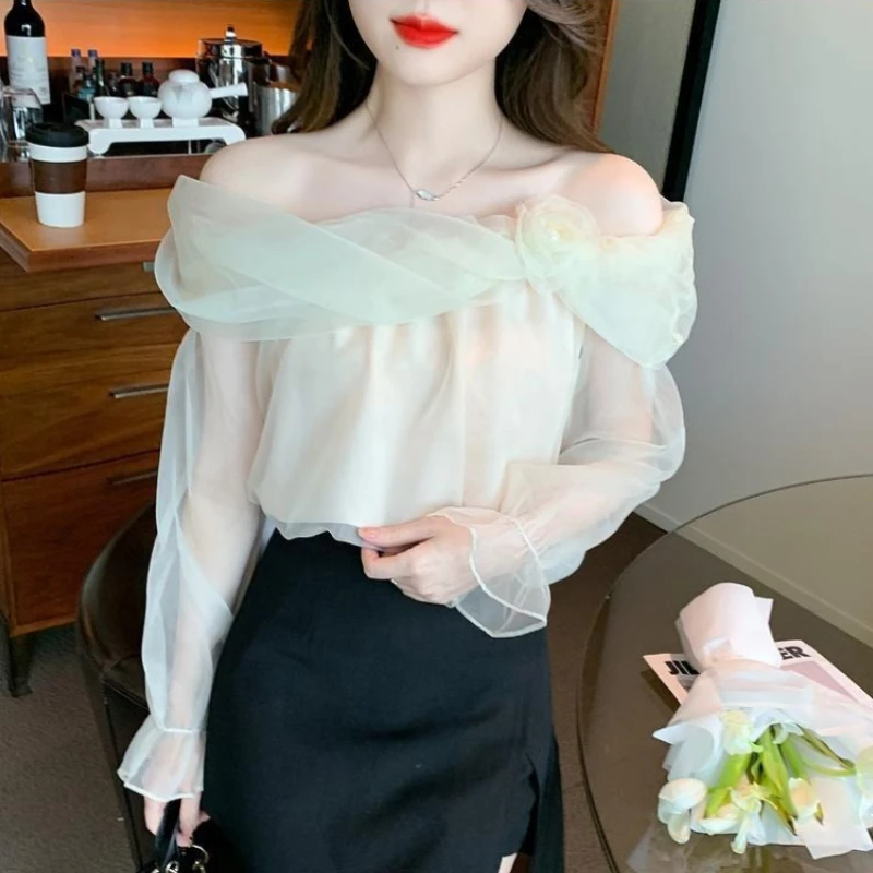 

Модная блузка из шифона с открытыми плечами и длинными рукавами для женщин, весна-осень, однотонная, с цветочным принтом, 2026