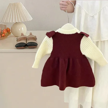 Spring Autumn Children Girls Dress Patchwork Bow Contrast Kids Girls Frock Round Collar Long Sleeves Toddler Girls Knitted Dress