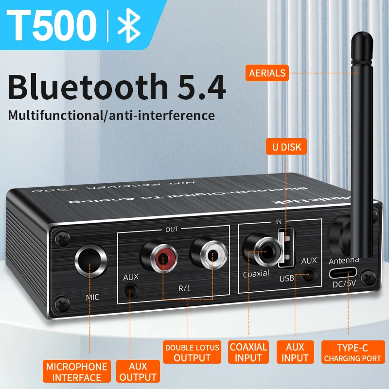T500 BT 5.4 Audio Receiver Micrphone Karaoke Wireless Adapter AUX Player USB Drive Audio Speaker Converter with Remote Control