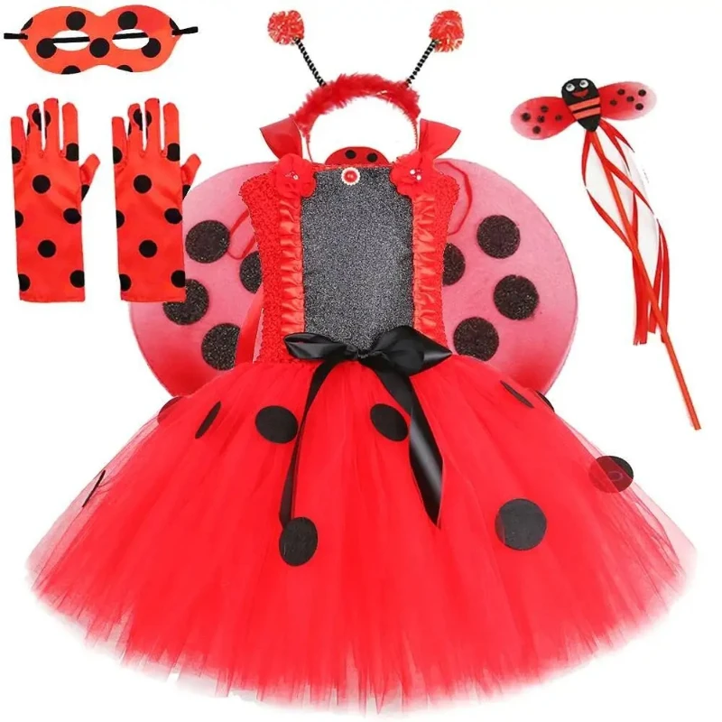 Halloween Birthday Outfit for Girls, Red Polka Dot Kids' Clothes, Cute Tulle Tutu Dress Set, Fairy Princess Performance Clothes