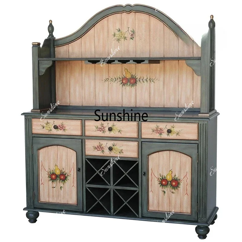 YPainted Dining Side Storage Organizer Entrance Cabinet American Retro Multi-Functional Restaurant Wall Wine Cabinet